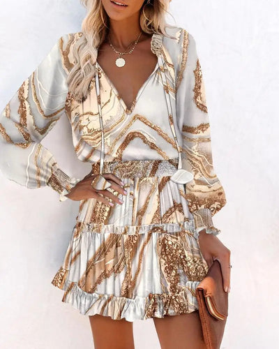 Fashion Colorful Floral Printed Party Dress 2023 Women Spring Summer Elegant V-Neck Drawstring Ruffle Miniskirt Casual Robe