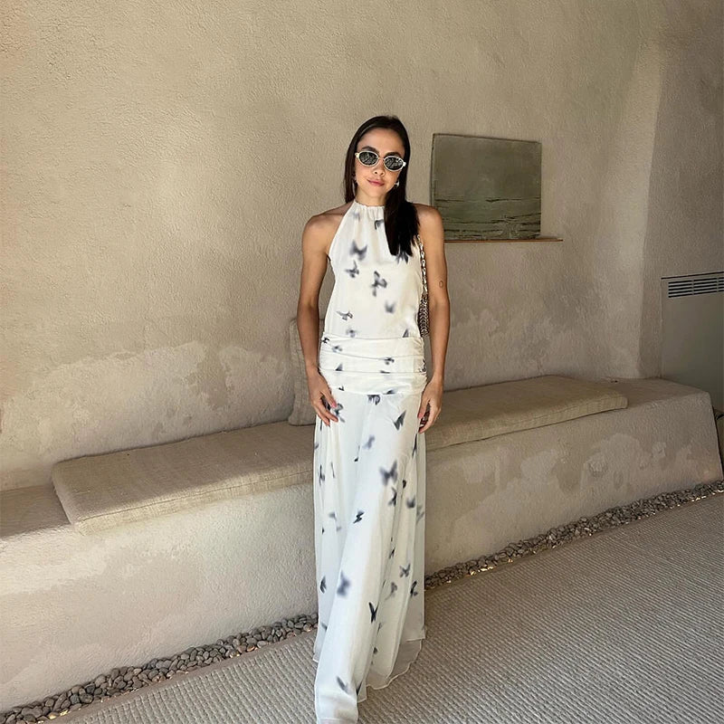 Elegant Halter Printed Long Dress Women Lace Up Sleeveless Backless Pleated Dresses 2025 Summer Lady Chic Party Vacation Robes