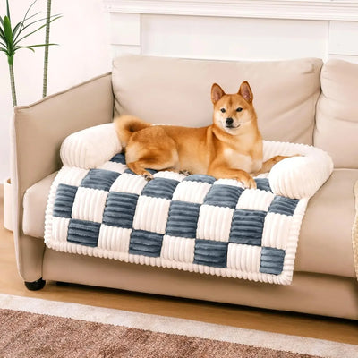 Plush Dog Couch Cover – Cream Square Plaid