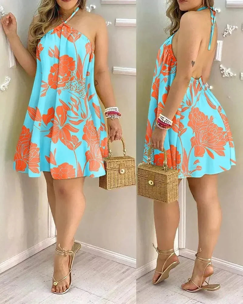 Dresses For Woman 2025 Sexy Sleeveless Backless Short Mini Dress Loose Halter Neck Print Beach Sundress Floral Vestidos S-3XL
