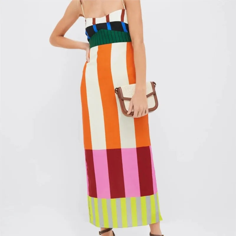 Sexy High Waist 2025 Party Long Dress Women Fashion Elegant Casual New Striped Colorful Spaghetti Strap Bohemian Mixi Dresses