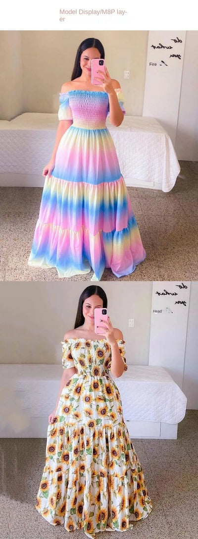 Fashion Womens Rainbow Long Dress Sexy Off Shoulder A-line Floral Printed Maxi Dresses Boho Retro Party Evening Vestidos Female