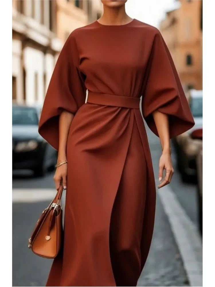 Spring Fashion Solid Color Long Dresses 2025 Woman Sexy Round Neck Bat Sleeve High Waist Dress Elegant Commuting Lady Dress