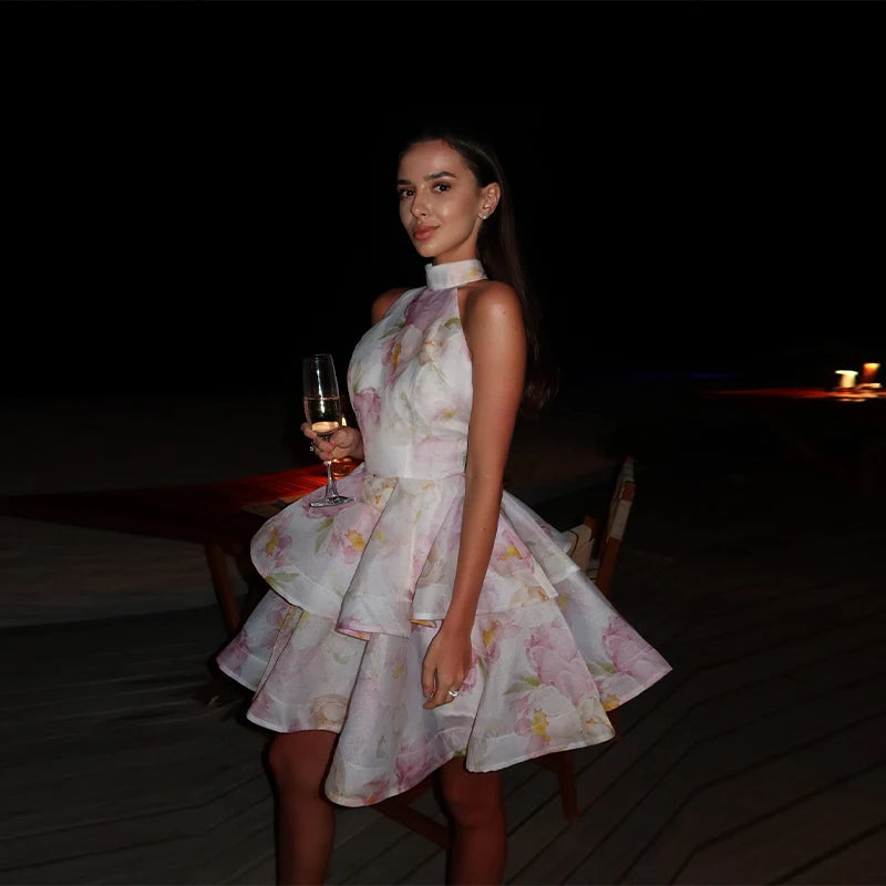 Printed Backless Halter Puffy Dress Women Sleeveless Backless High Waist Sexy Holiday Dresses 2025 Summer Party Gown Lady Robe