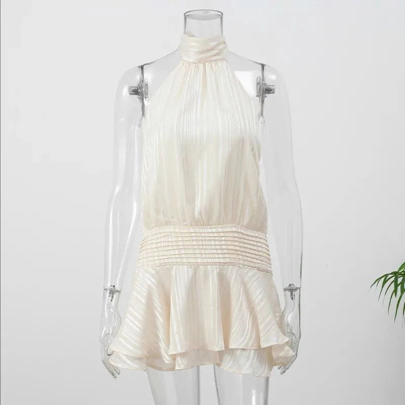 Halter Backless Chiffon Dress Woman's Sexy Lace Up Sleeveless Pleat Wrapped Waist Elegant Short Dresses 2025 Summer New Fashion