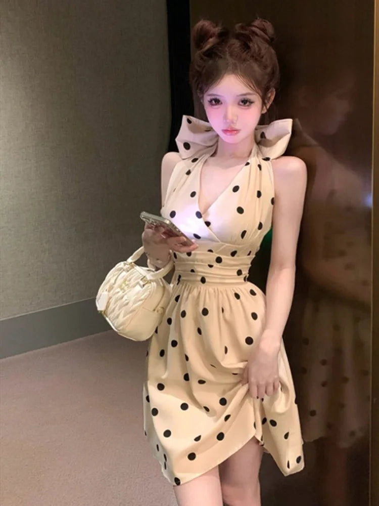 2025 New Woman Dress Vintage Elegant Sweet Bowknot Polka Dot Sleeveless V Neck Halter Summer Sexy Mini Dresses Party Stylish