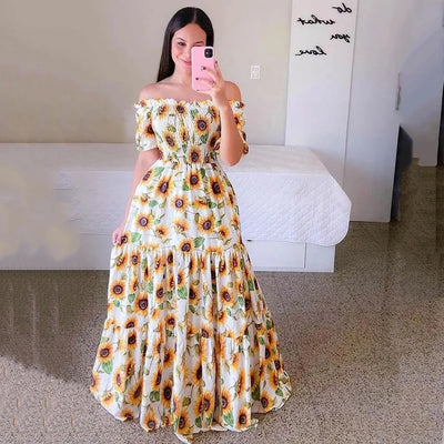 Fashion Womens Rainbow Long Dress Sexy Off Shoulder A-line Floral Printed Maxi Dresses Boho Retro Party Evening Vestidos Female