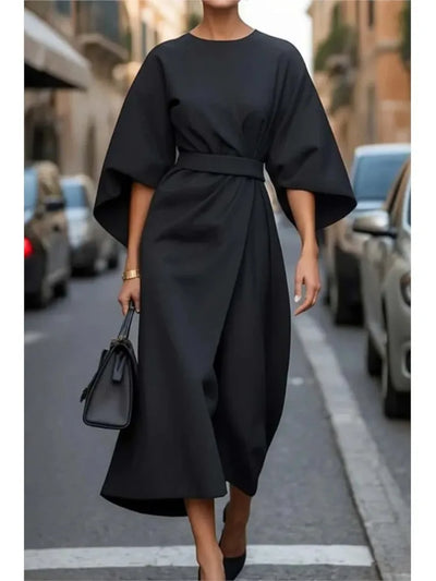 2025 Spring Fashion Solid Color Long Dresses Woman Sexy Round Neck Bat Sleeve High Waist Dress Elegant Commuting Lady Dress