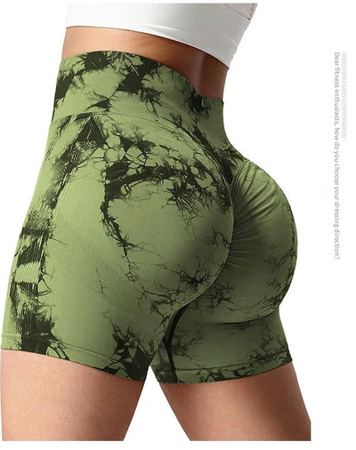 Tie Dye Shorts Women Seamless High Waist  Shorts Sexy Hip Liftting Stretchy Yoga Shorts Workout Running Knit Skinny Gym Shorts