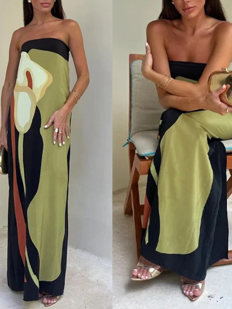2025 Summer Women Fashion Sleeveless Off Shoulder Vestidos Sexy Strapless Backless Printed Long Dress Lady Party Evening Robes