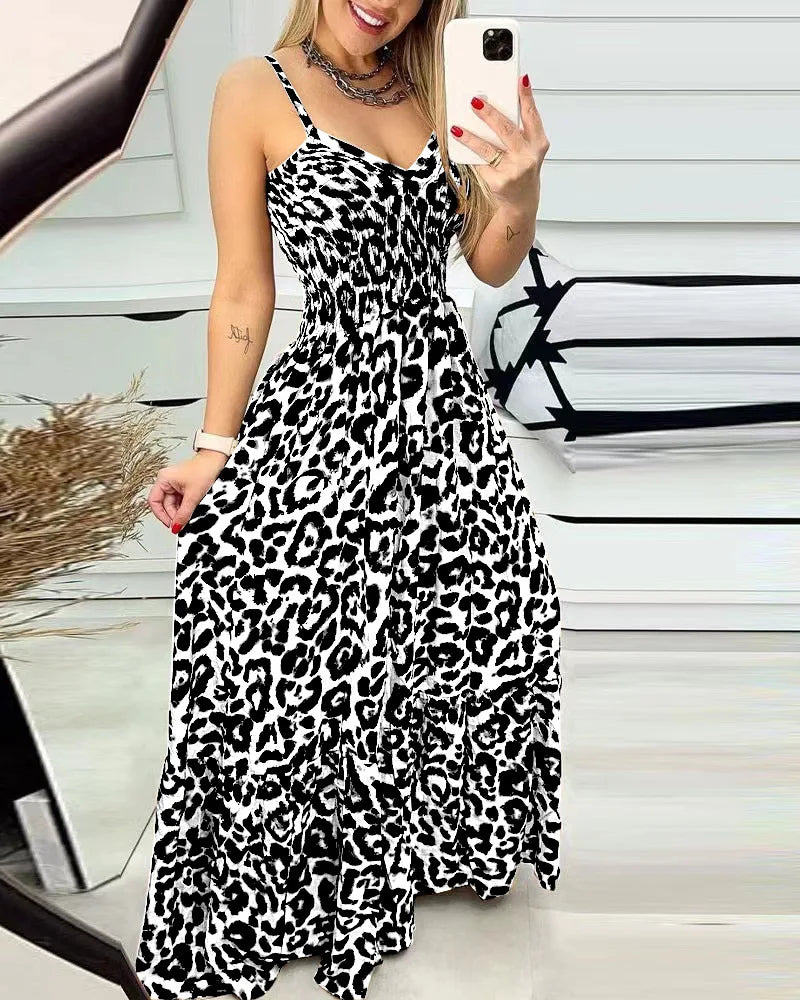 Women's Fashion Leopard Print Dresses Sexy Temperament Long Sling Dress Elegant 2025 Summer Sexy Female New Vestidos Party Cloth