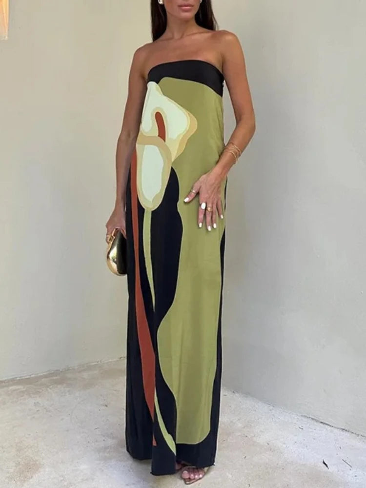 2025 Summer Women Fashion Sleeveless Off Shoulder Vestidos Sexy Strapless Backless Printed Long Dress Lady Party Evening Robes