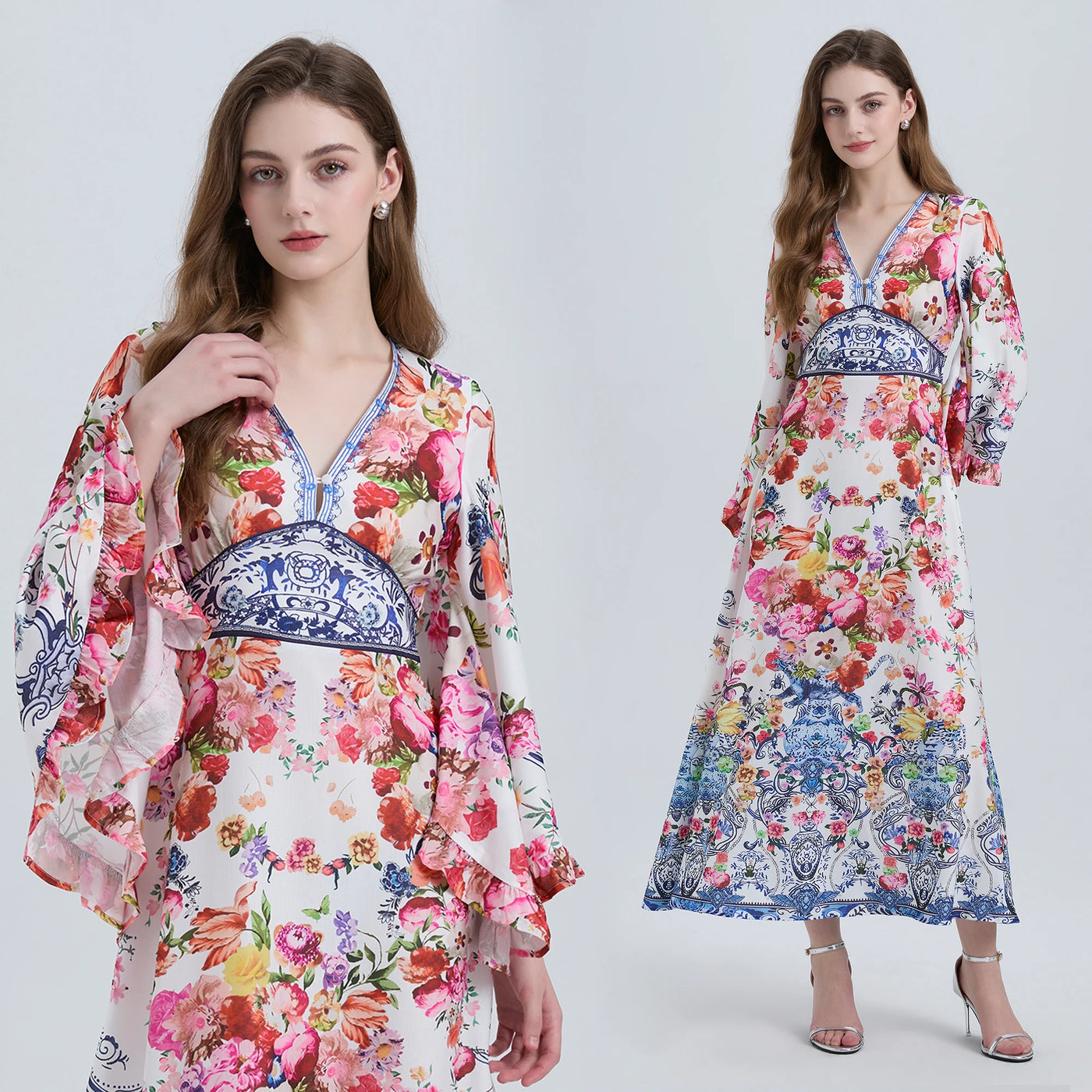 Spring Summer Fashion Luxury Print Bohemian Maxi Dress Women's Sexy V Neck Long Flare Sleeve High Waist A Line Robe Vestidos