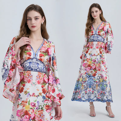 Spring Summer Fashion Luxury Print Bohemian Maxi Dress Women's Sexy V Neck Long Flare Sleeve High Waist A Line Robe Vestidos