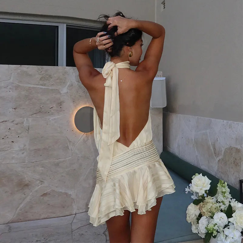 Halter Backless Chiffon Dress Woman's Sexy Lace Up Sleeveless Pleat Wrapped Waist Elegant Short Dresses 2025 Summer New Fashion