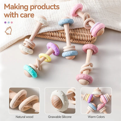 Wooden Rattle & Silicone Teether Toy