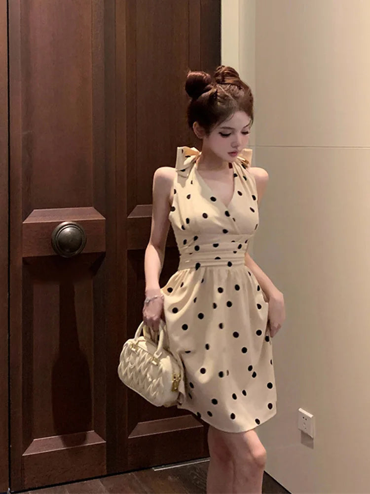 2025 New Woman Dress Vintage Elegant Sweet Bowknot Polka Dot Sleeveless V Neck Halter Summer Sexy Mini Dresses Party Stylish