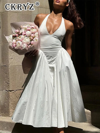 Ladies Summer Evening Party New Fashion Dress Women Sleeveless Backless V-Neck Sexy Birthday  Long Dresses 2025 Woman Streetwear