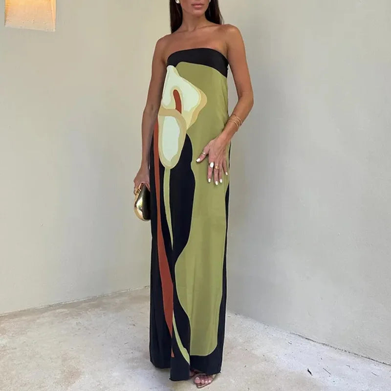2025 Summer Women Fashion Sleeveless Off Shoulder Vestidos Sexy Strapless Backless Printed Long Dress Lady Party Evening Robes
