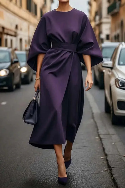 Spring Fashion Solid Color Long Dresses 2025 Woman Sexy Round Neck Bat Sleeve High Waist Dress Elegant Commuting Lady Dress