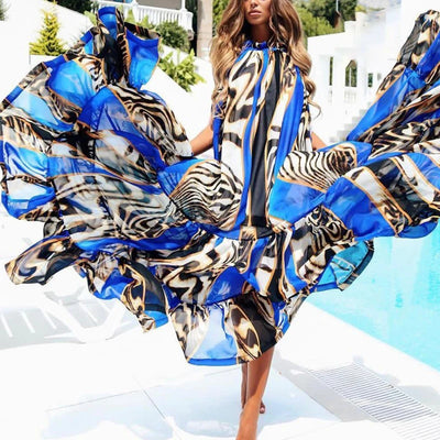 Sexy Summer Party Dress Women Fashion Bow Straps High Waist Pleated Beach Dress Chiffon Casual Floral Print Bohemian Long Dress