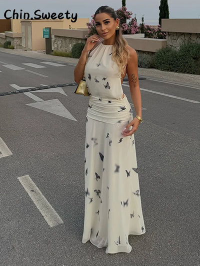 Elegant Halter Printed Long Dress Women Lace Up Sleeveless Backless Pleated Dresses 2025 Summer Lady Chic Party Vacation Robes