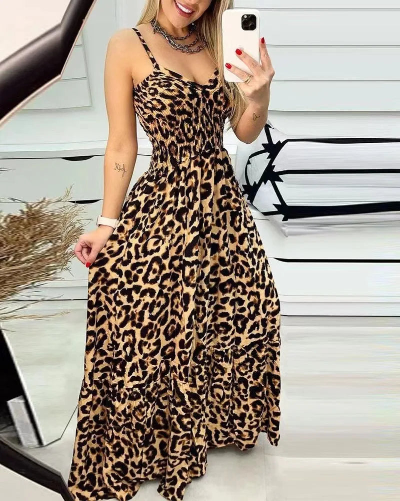 Women's Fashion Leopard Print Dresses Sexy Temperament Long Sling Dress Elegant 2025 Summer Sexy Female New Vestidos Party Cloth