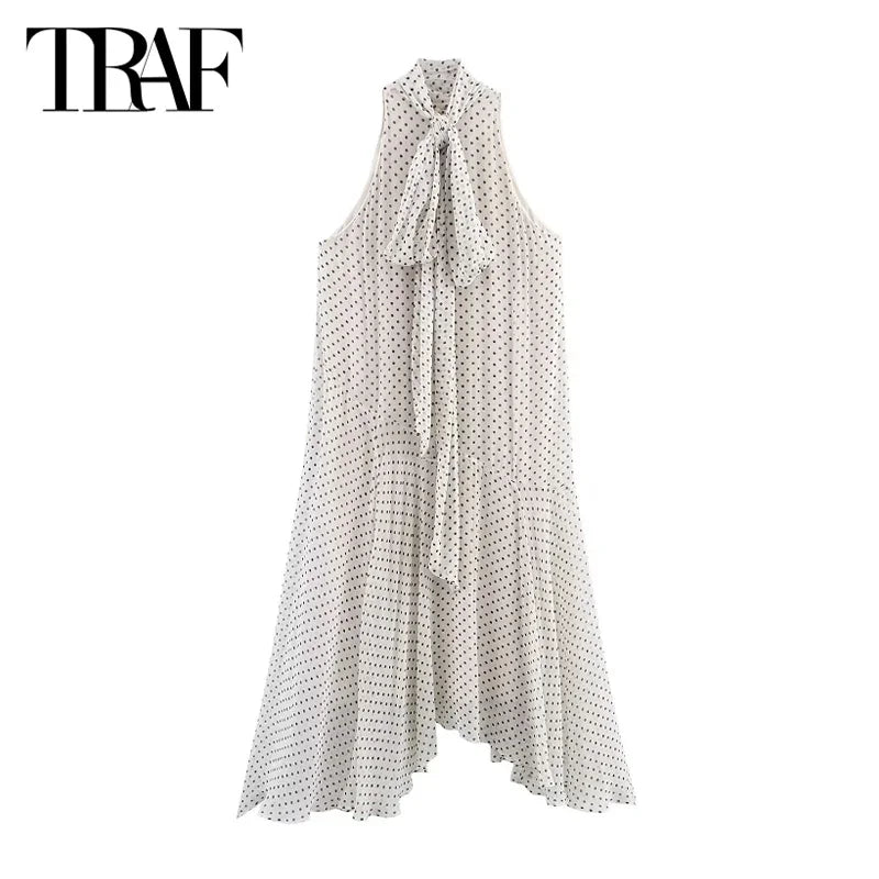 TRAF Women's Dresses Elegant Halter Long Dresses 2025 Spring Summer Dot Y2k Vestidos Fashion Casual Lace-Up Party Midi Dresses