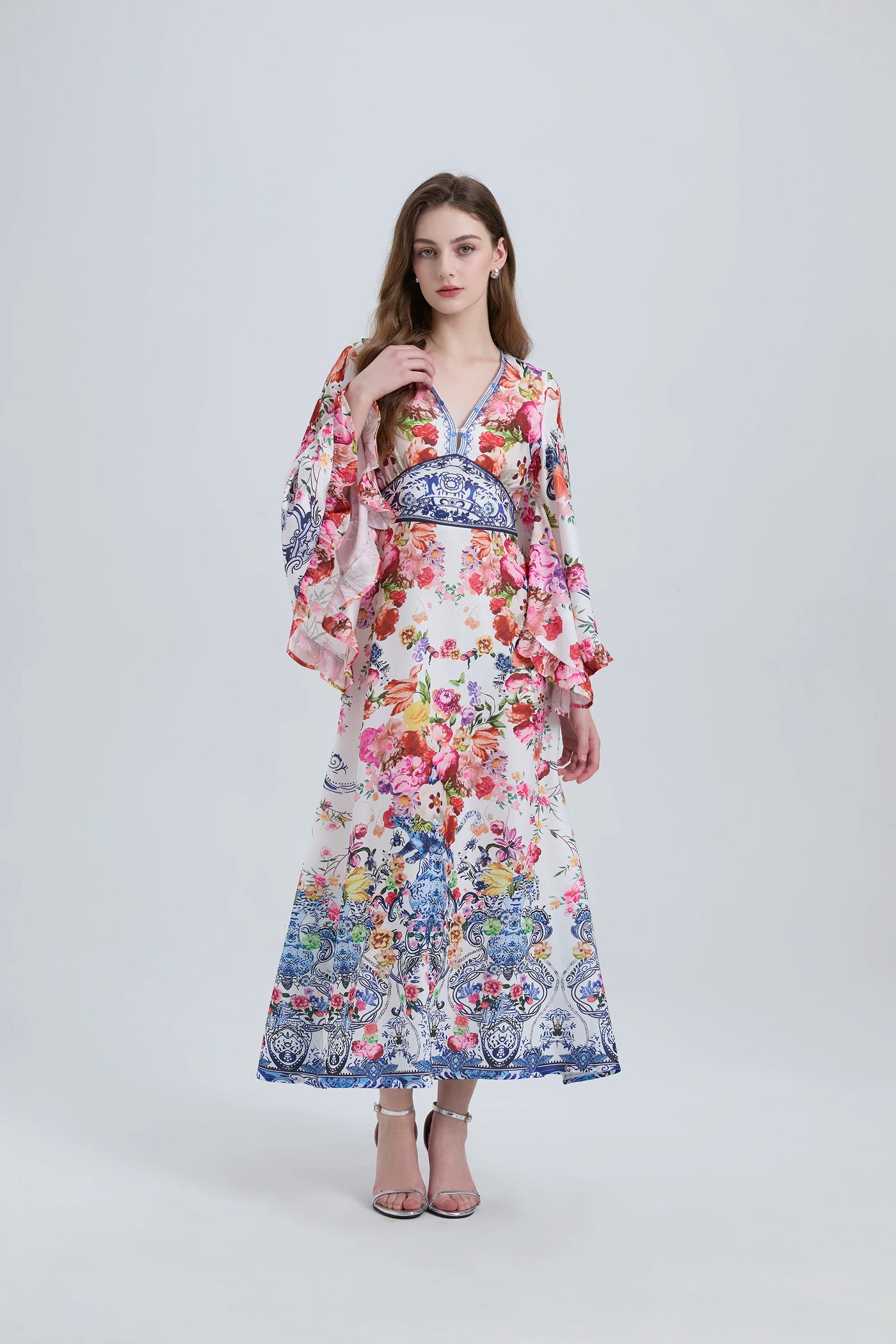 Spring Summer Fashion Luxury Print Bohemian Maxi Dress Women's Sexy V Neck Long Flare Sleeve High Waist A Line Robe Vestidos