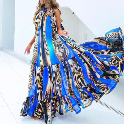 Sexy Summer Party Dress Women Fashion Bow Straps High Waist Pleated Beach Dress Chiffon Casual Floral Print Bohemian Long Dress