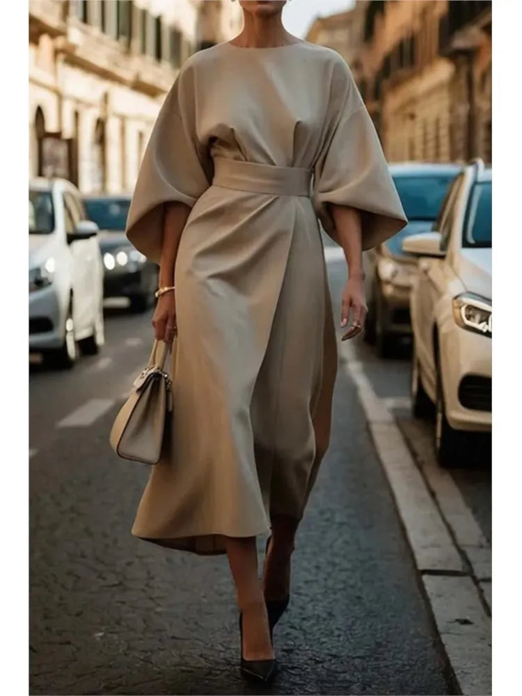 2025 Spring Fashion Solid Color Long Dresses Woman Sexy Round Neck Bat Sleeve High Waist Dress Elegant Commuting Lady Dress