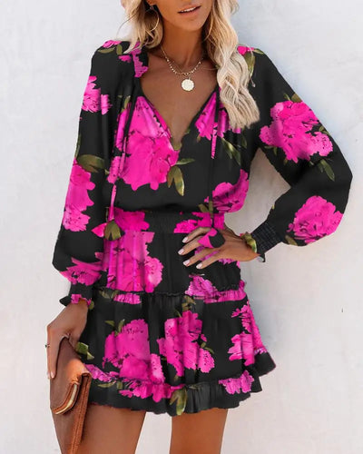 Fashion Colorful Floral Printed Party Dress 2023 Women Spring Summer Elegant V-Neck Drawstring Ruffle Miniskirt Casual Robe