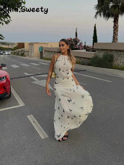 Elegant Halter Printed Long Dress Women Lace Up Sleeveless Backless Pleated Dresses 2025 Summer Lady Chic Party Vacation Robes