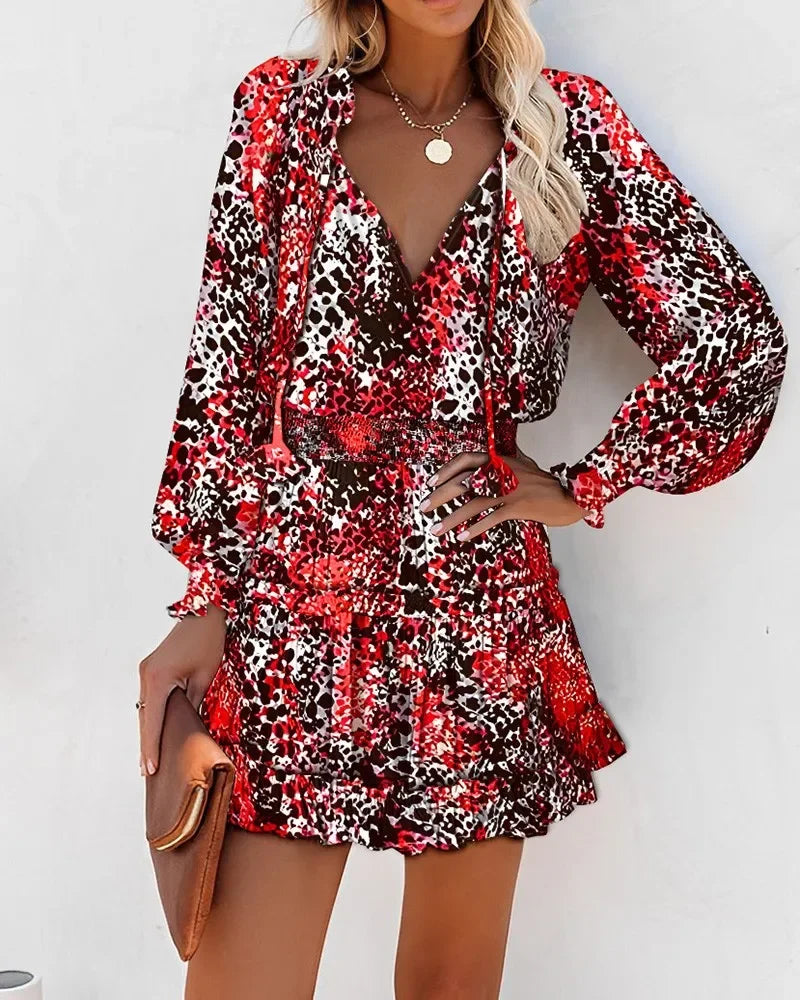Fashion Colorful Floral Printed Party Dress 2023 Women Spring Summer Elegant V-Neck Drawstring Ruffle Miniskirt Casual Robe
