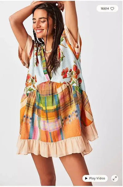 2025 Summer New Fashion Boho Women's Dress Retro Color Print V Neck Short Sleeve Pleated Floating Hem Loose Dress Beach Party