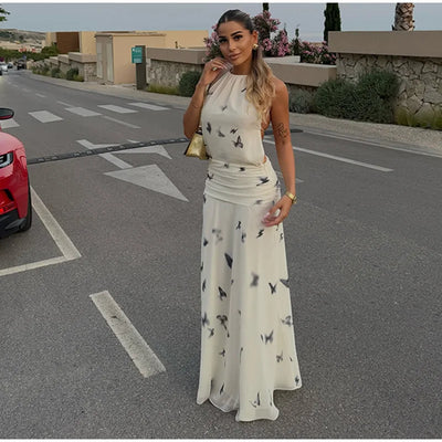 Elegant Halter Printed Long Dress Women Lace Up Sleeveless Backless Pleated Dresses 2025 Summer Lady Chic Party Vacation Robes