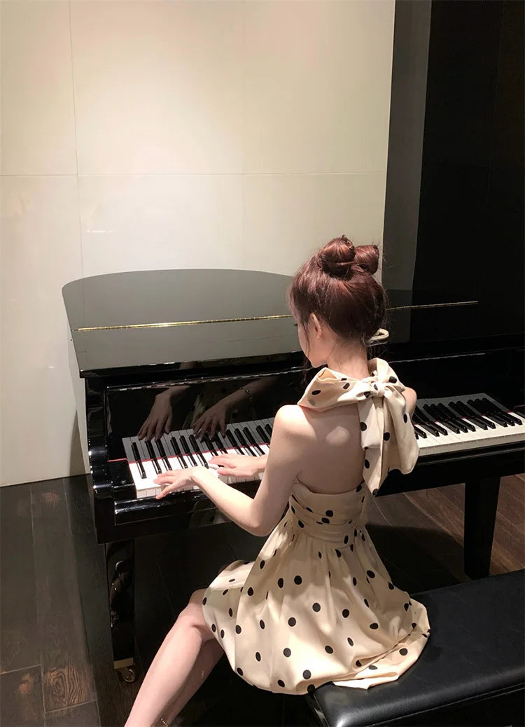 2025 New Woman Dress Vintage Elegant Sweet Bowknot Polka Dot Sleeveless V Neck Halter Summer Sexy Mini Dresses Party Stylish