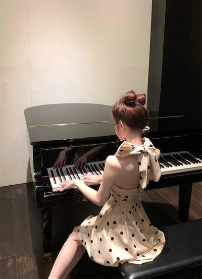 2025 New Woman Dress Vintage Elegant Sweet Bowknot Polka Dot Sleeveless V Neck Halter Summer Sexy Mini Dresses Party Stylish