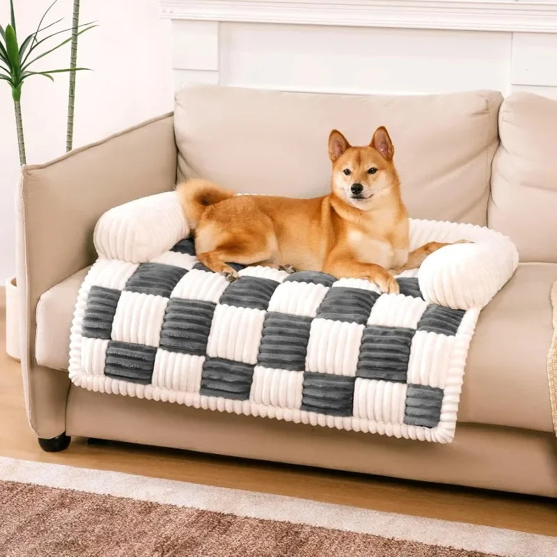 Plush Dog Couch Cover – Cream Square Plaid
