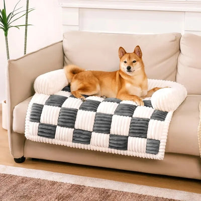 Plush Dog Couch Cover – Cream Square Plaid