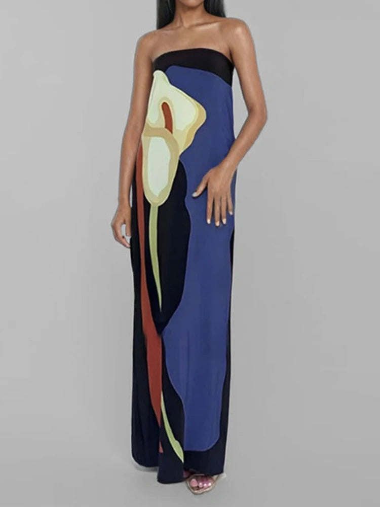 2025 Summer Women Fashion Sleeveless Off Shoulder Vestidos Sexy Strapless Backless Printed Long Dress Lady Party Evening Robes