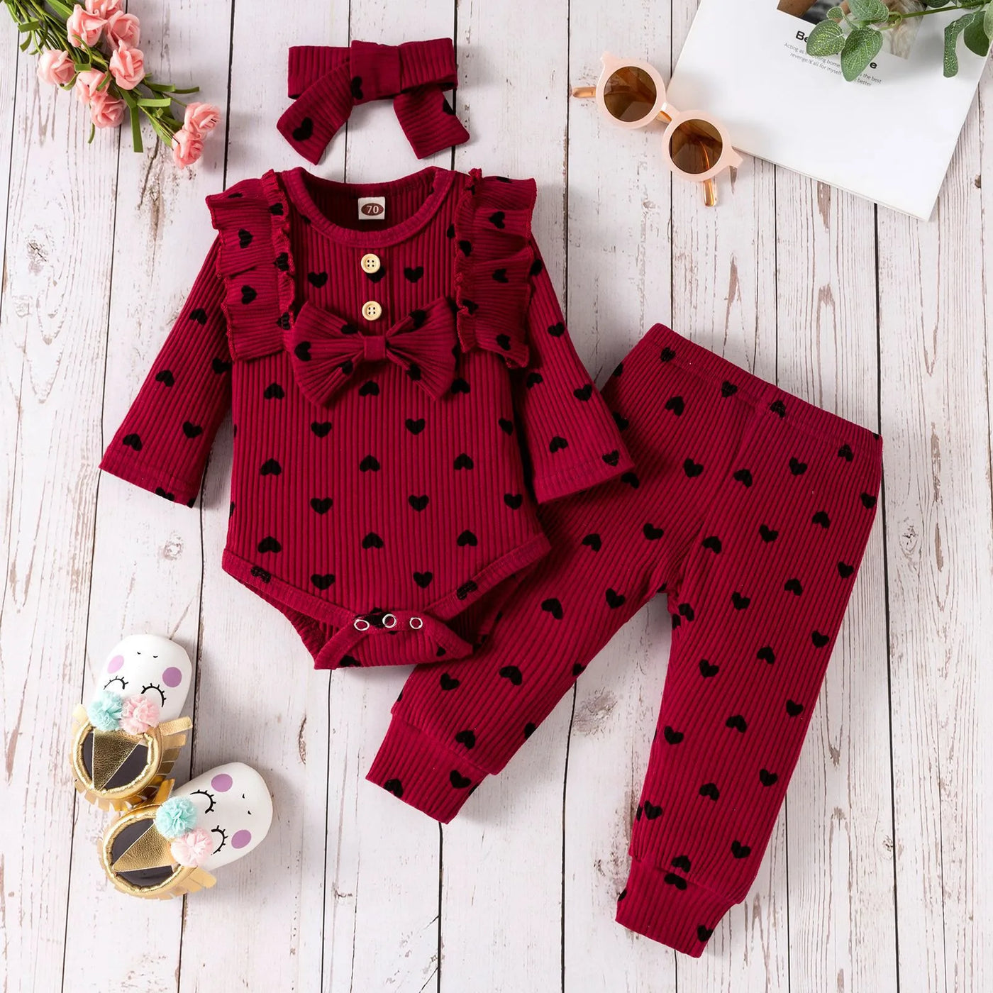 Girls Heart Print Ribbed Bow