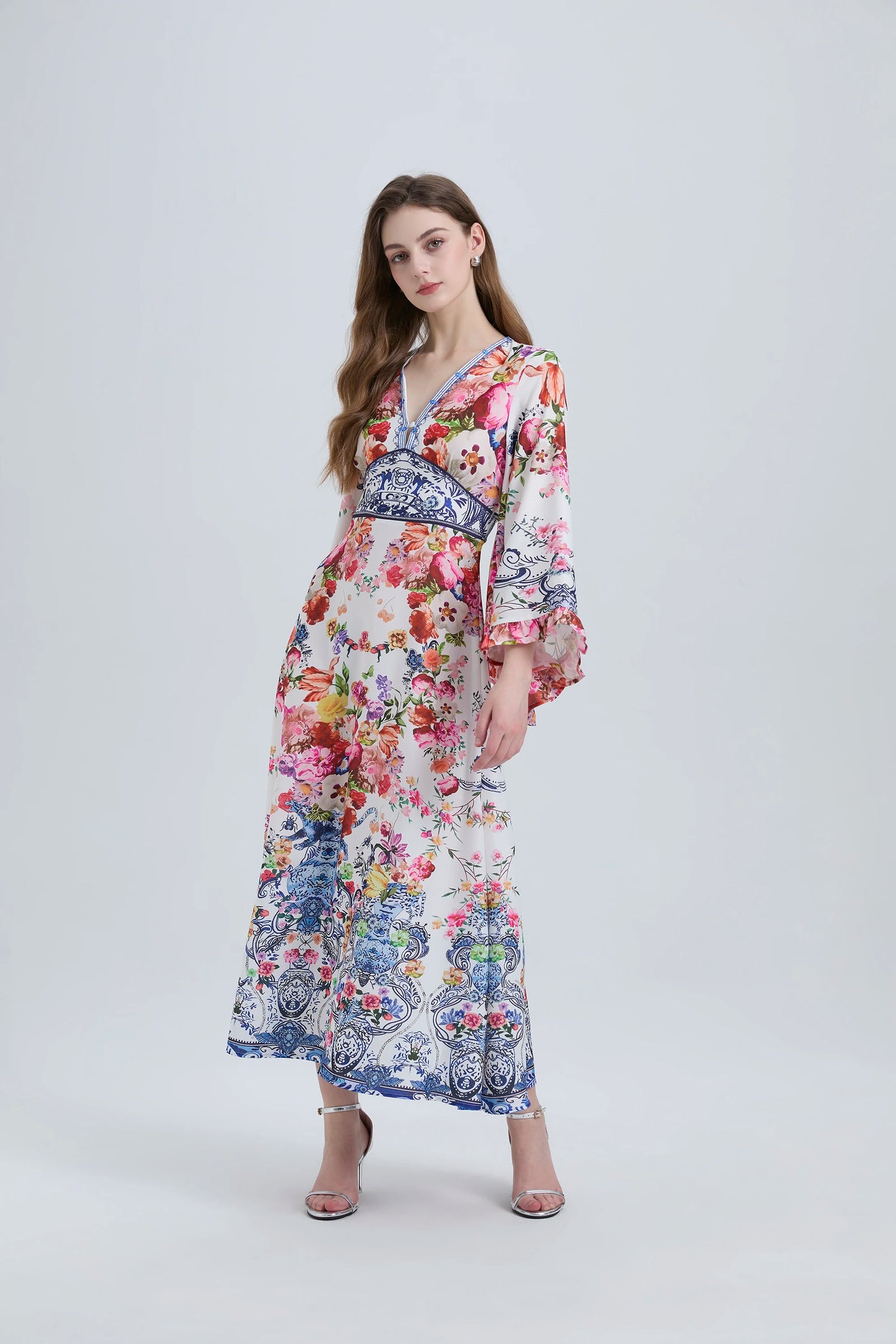 Spring Summer Fashion Luxury Print Bohemian Maxi Dress Women's Sexy V Neck Long Flare Sleeve High Waist A Line Robe Vestidos