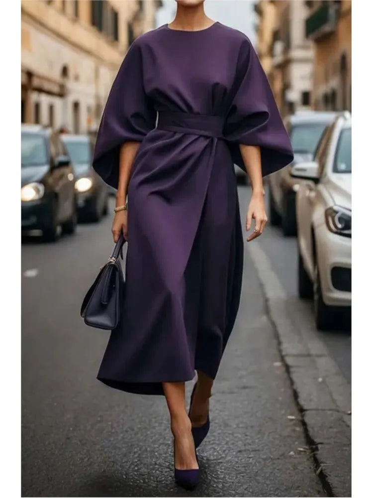Spring Fashion Solid Color Long Dresses 2025 Woman Sexy Round Neck Bat Sleeve High Waist Dress Elegant Commuting Lady Dress