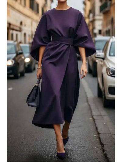Spring Fashion Solid Color Long Dresses 2025 Woman Sexy Round Neck Bat Sleeve High Waist Dress Elegant Commuting Lady Dress