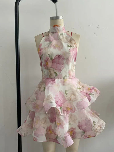 Printed Backless Halter Puffy Dress Women Sleeveless Backless High Waist Sexy Holiday Dresses 2025 Summer Party Gown Lady Robe